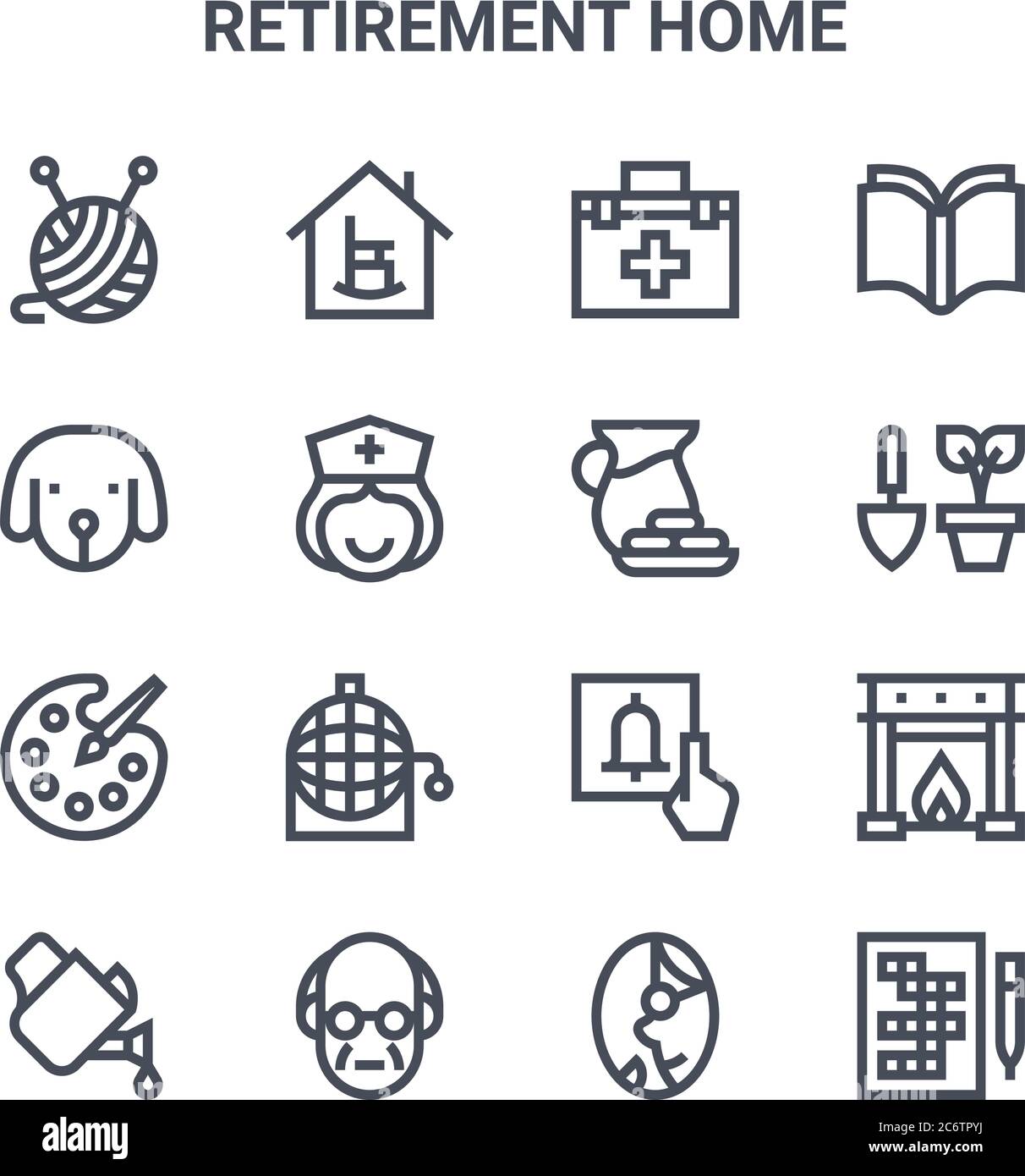 Satz von 16 Ruhestand Haus Konzept Vektor-Linie Symbole. 64x64 dünne Schlaganfall-Symbole wie Altersheim, Hund, Pflanztopf, Alarm, alte Menschen, Kreuzworträtsel, ol Stock Vektor