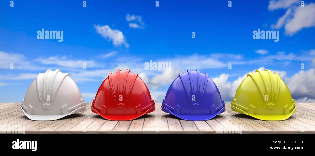 Arbeitsschutzausrüstung. Industrielle Schutzhardhüte auf Holz Regal, blauer Himmel Hintergrund. Konzept für persönliche Gesundheit und Sicherheit. 3d-Illustrationen Stockfoto