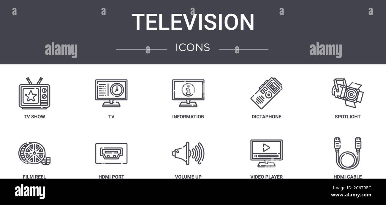 TV-Konzept-Linie Symbole gesetzt. Enthält Symbole für Web, Logo, ui / ux wie tv, Diktiergerät, Film-Reel, Lautstärke, Video-Player, hdmi-Kabel, Stock Vektor