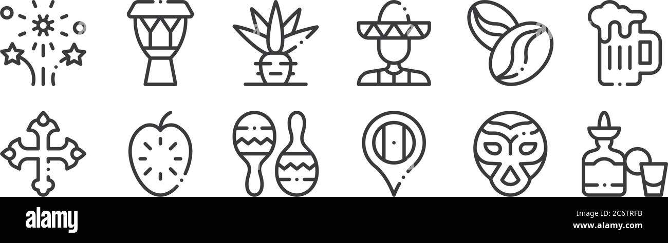 12 Satz von linearen mexiko-Symbole. Dünne Umrisssymbole wie Tequila, mexiko, Guanabana, Kaffeebohnen, Agave, Trommel für Web, mobil Stock Vektor