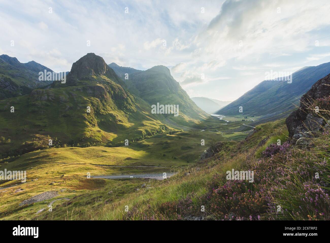 Panoramablick von Glencoe, in der Nähe von Fort William, Highland, Schottland, Vereinigtes Königreich Stockfoto