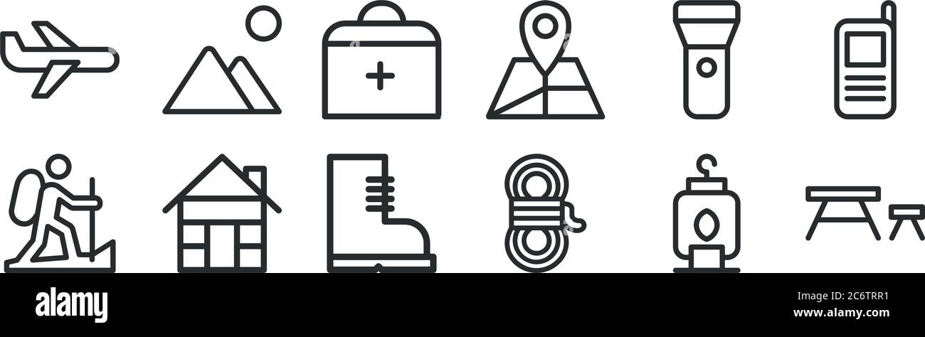 Set von 12 dünnen Umrisssymbolen wie Tisch, Seil, Haus, Taschenlampe, medizinische Ausrüstung, Berge für Web, mobil Stock Vektor