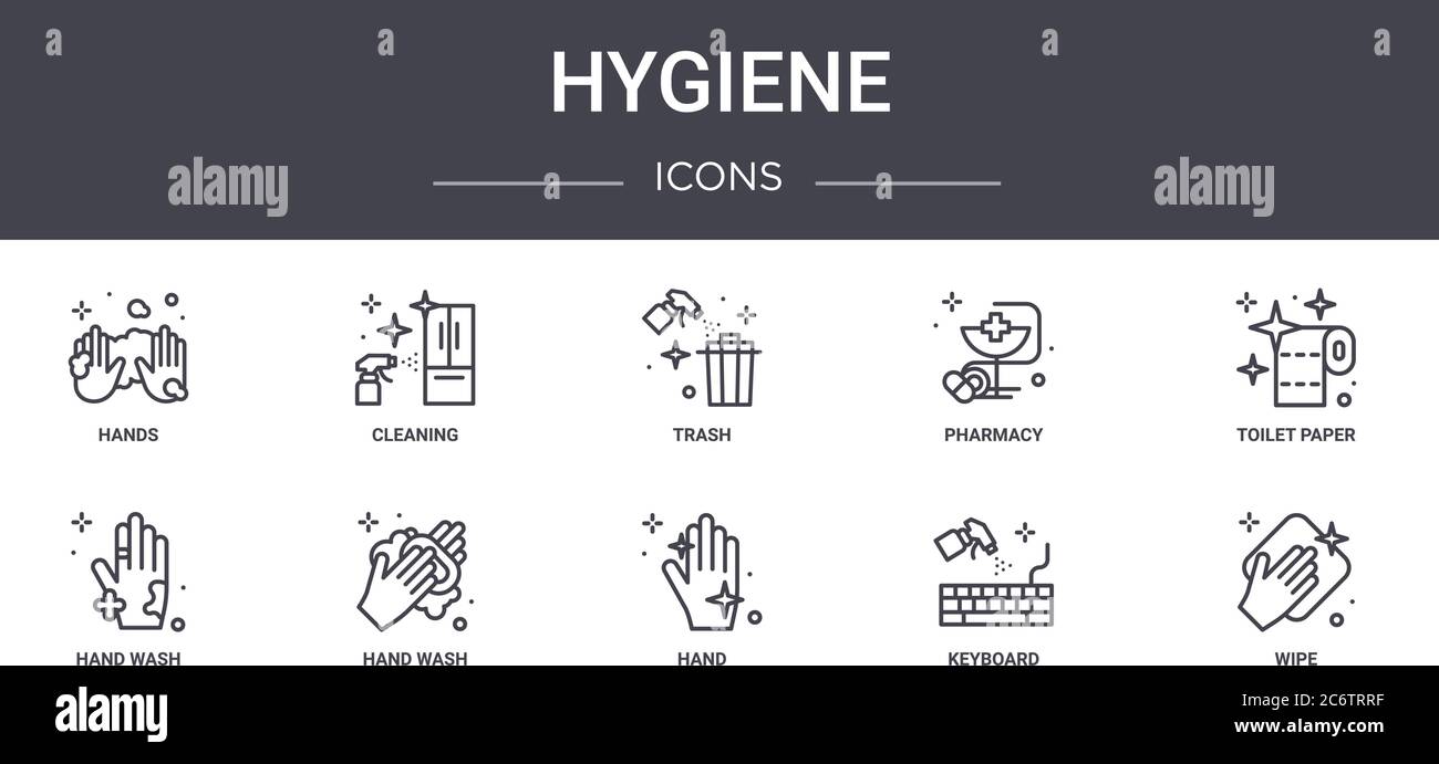 Hygiene Konzept Linie Symbole Set. Enthält Symbole für Web, Logo, ui/ux wie Reinigung, Apotheke, Handwäsche, Hand, Tastatur, wischen, Toilettenpapier, Stock Vektor
