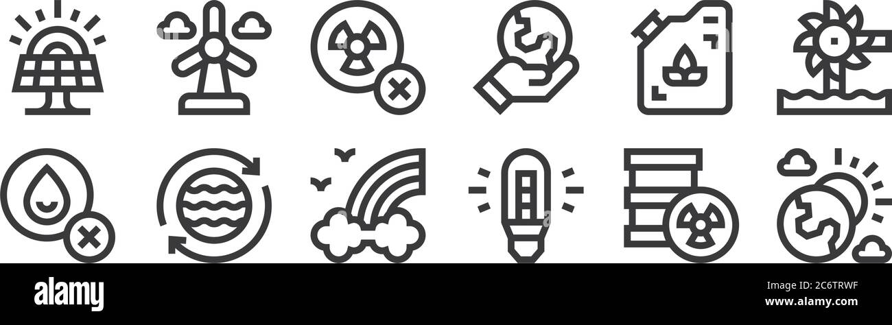 12 Satz von linearen Mutter Erde Tag Symbole. Dünne Umrisssymbole wie Tag, führte, Wasser sparen, Öko-Brennstoff, keine Kernenergie, Windenergie für Web, mobil Stock Vektor