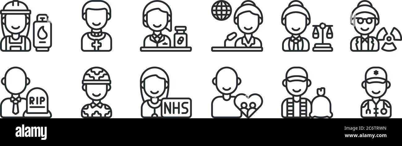Set von 12 dünnen Umrisssymbolen wie Sanitäter, Sozialfürsorge, Soldat, Rechtsanwalt, Apotheker, Priester für Web, mobil Stock Vektor