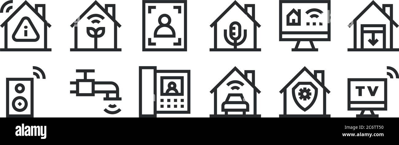 Set von 12 dünnen Umrisssymbolen wie tv, Auto, WiFi, smarthome, Scan, Anlage für Web, mobil Stock Vektor