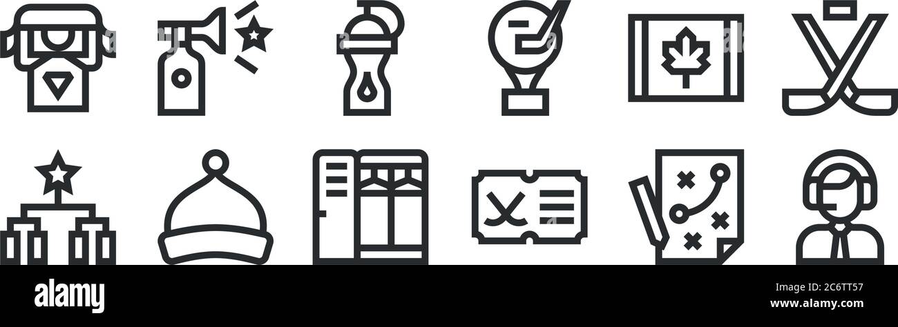 Set von 12 dünnen Umrisssymbolen wie Sportsprecher, Hockey, Beanie, kanada, Wasserflasche, Horn für Web, Handy Stock Vektor