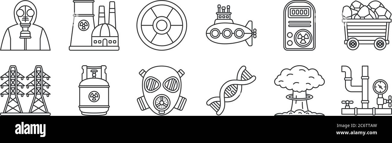 Set von 12 dünnen Umrisssymbolen wie Rohr, dna, Gas Brennstoff, Dosimeter, radioaktiv, Kernkraftwerk für Web, mobil Stock Vektor