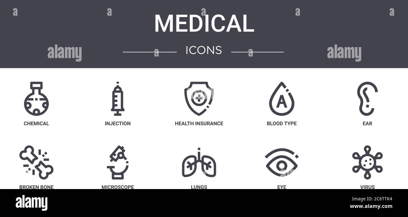 Medizinische Konzept Linie Symbole Set. Enthält Symbole für Web, Logo, ui / ux wie Injektion, Blutgruppe, gebrochenen Knochen, Lunge, Auge, Virus, Ohr, Gesundheit Stock Vektor