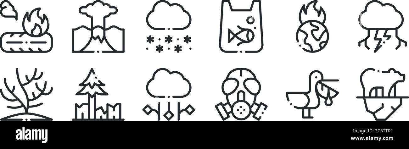 Set von 12 dünnen Umrisssymbolen wie Eisbär, Gasmaske, Entwaldung, globale Erwärmung, Schneeflocke, Eruption für Web, mobil Stock Vektor
