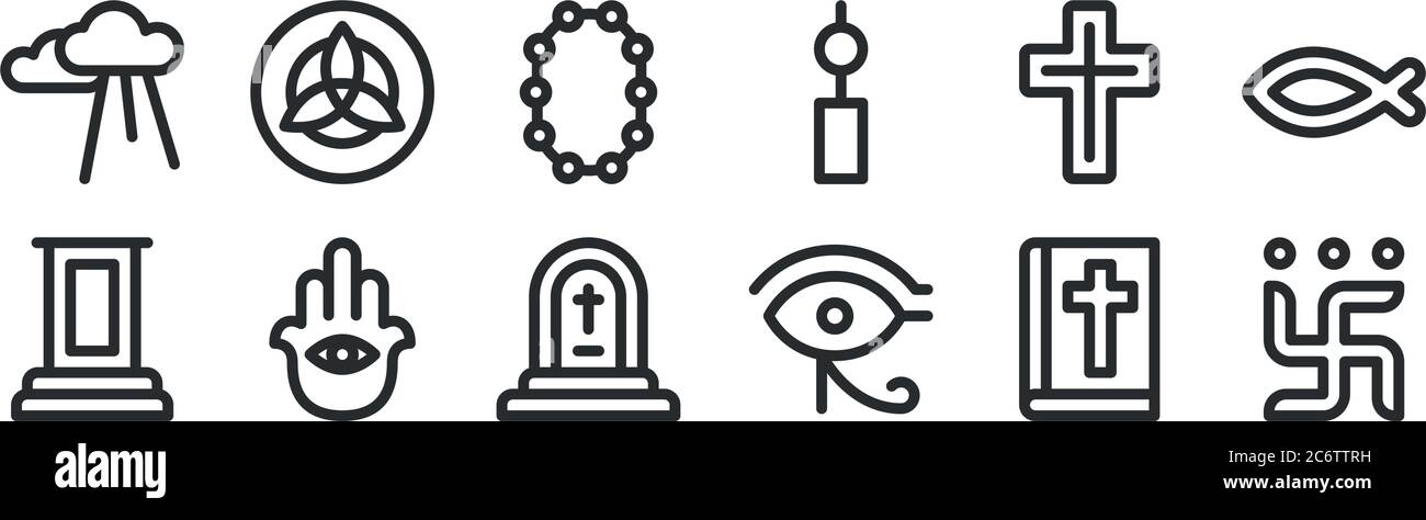 Set von 12 dünnen Umrisssymbolen wie Hakenkreuz, Auge von ra, hamsa, Kreuz, Perlen, heilige dreifaltigkeit für Netz, mobil Stock Vektor