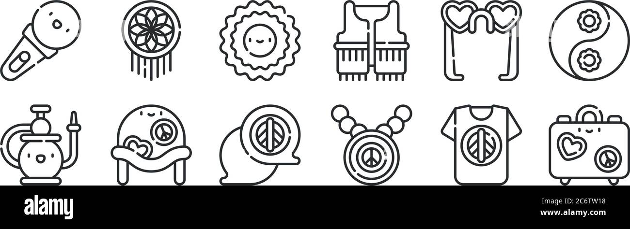 Set von 12 dünnen Umrisssymbolen wie Hippies, Frieden, Helm, Sonnenbrille, Sonne, Traumfänger für Web, mobil Stock Vektor