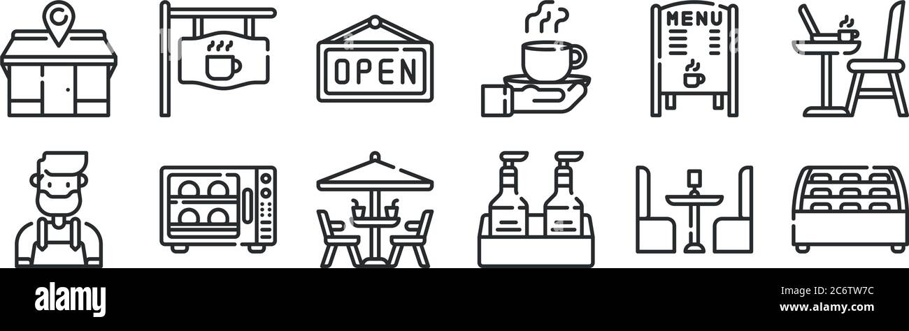 Set von 12 dünnen Umrisssymbolen wie Kühlschrank, Sirup, Backofen, Tagesangebot Board, offen, Café für Web, mobil Stock Vektor