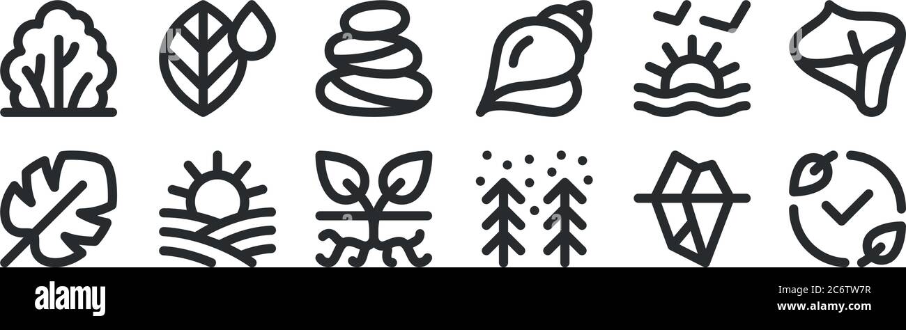Set von 12 dünnen Umrisssymbolen wie Ökologie, Winter, Feld, Sonnenuntergang, Steine, Blatt für Web, mobil Stock Vektor