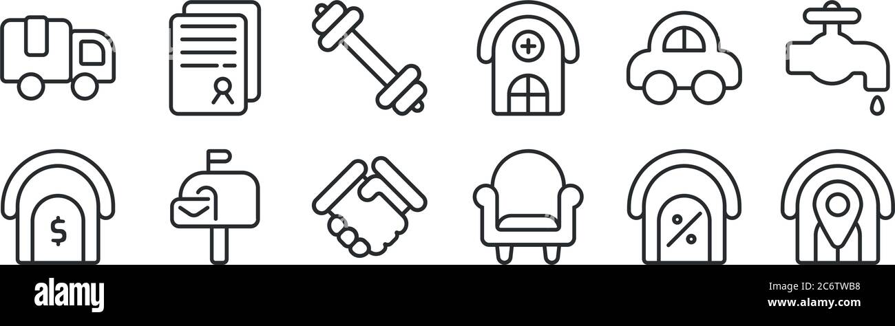 Set von 12 dünnen Umrisssymbolen wie Haus, Sofa, Mailbox, Auto, Fitnessstudio, Vertrag für Web, mobil Stock Vektor