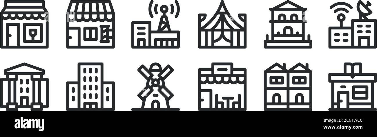 Set von 12 dünnen Umrisssymbolen wie Bibliothek, Restaurant, Eigentumswohnung, Haus, Telekommunikation, Friseur für Web, mobil Stock Vektor