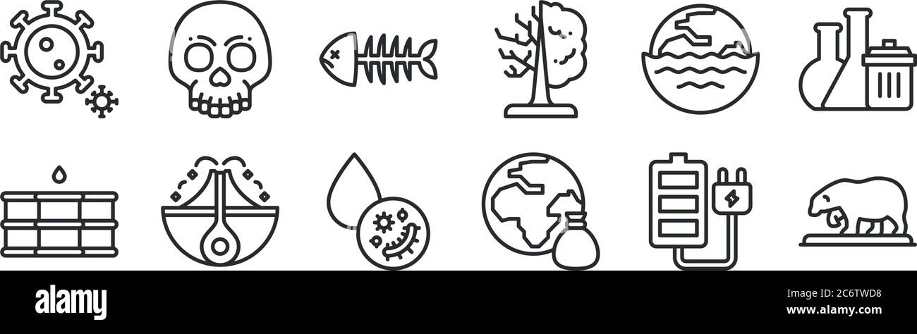 Set von 12 dünnen Umrisssymbolen wie Eisbär, Erde, Eruption, Flut, Fischgrät, Schädel für Web, mobil Stock Vektor