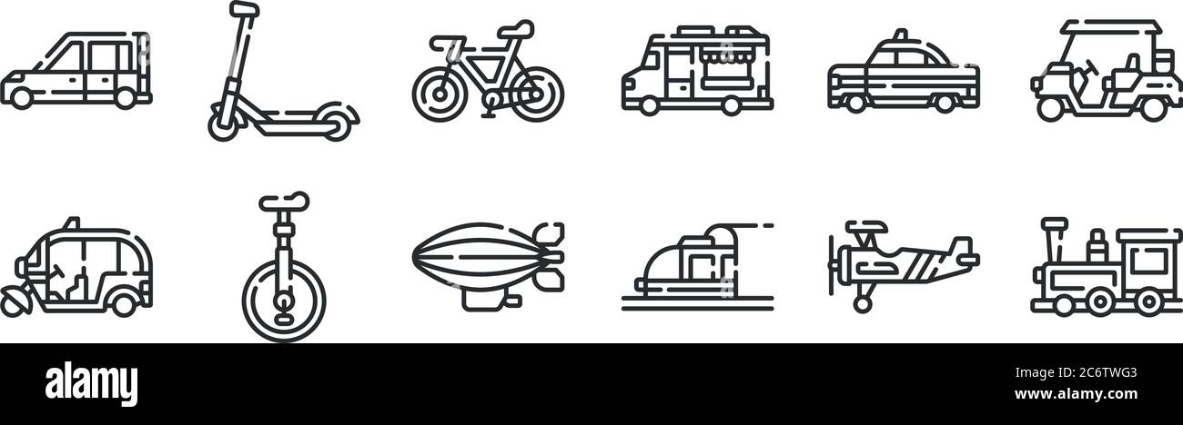 Set von 12 dünnen Umriss Symbole wie Zug, U-Bahn, Einrad, Taxi, Fahrrad, Kick Scooter für Web, mobil Stock Vektor