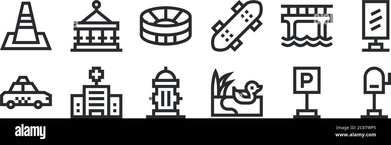 Set von 12 dünnen Umrisssymbolen wie Mailbox, Ente, Krankenhaus, Brücke, Fußballplatz, Karussell für Web, Handy Stock Vektor