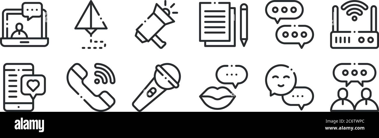 Satz von 12 dünnen Gliederungssymbolen wie Nachricht, Sprechen, Anruf, Nachricht, Megaphon, Senden für Web, mobil Stock Vektor