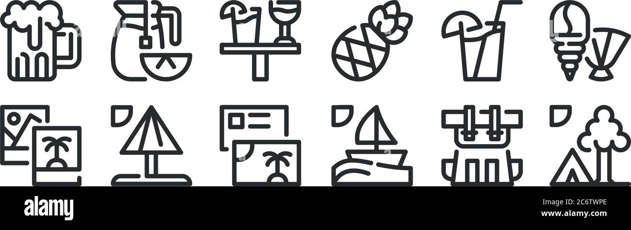 Set von 12 dünnen Umrisse Symbole wie Camp, Segeln, Regenschirm, Saft, Getränk, Zitronentee für Web, mobile Stock Vektor