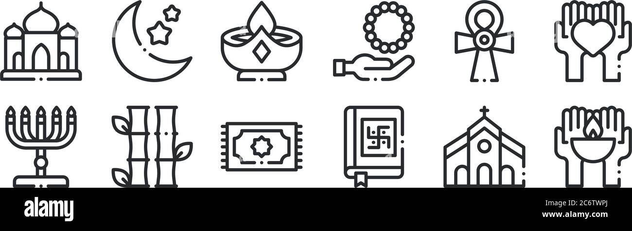 Set von 12 dünnen Umrisssymbolen wie Kerze, veden, Bambus, ankh, Kerze, Mond für Web, mobil Stock Vektor Set von 12 dünnen Umrisssymbolen wie Kerze, veden, Bambus, ankh, Kerze, Mond für Web, mobil Stock Vektor