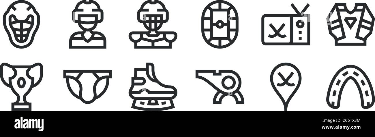 Set von 12 dünnen Umrisssymbolen wie Mundschutz, Pfeife, Jockstrap, Hockeyschläger, Eishockey, Eishockey für Web, Handy Stock Vektor