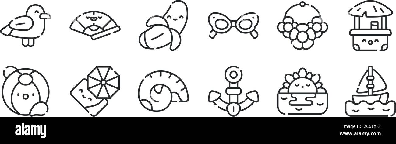 Set von 12 dünnen Umrisssymbolen wie Segelboot, Anker, Sonnenschirm, Halskette, Banane, Fan für Web, mobil Stock Vektor