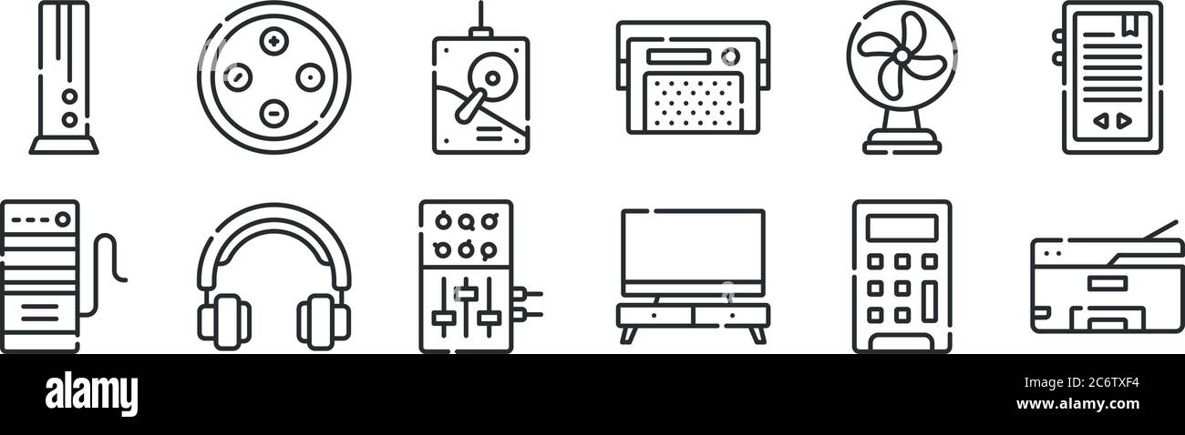 Satz von 12 dünnen Umrisssymbolen wie Drucker, fernseher, Kopfhörer, Lüfter, Festplatte, Tasten für Web, Handy Stock Vektor