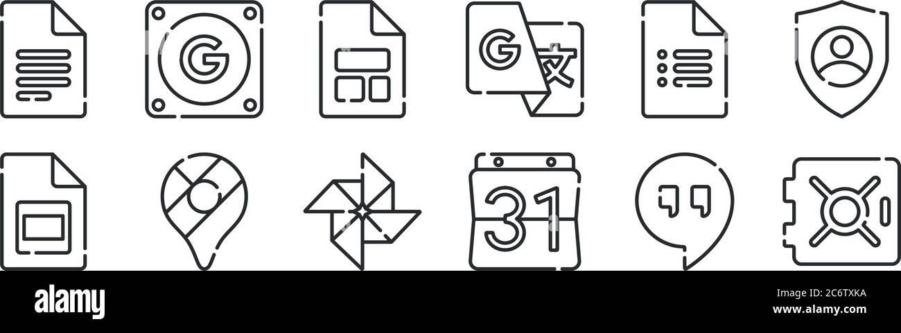 Set von 12 dünnen Umrisssymbolen wie Tresor, google Kalender, google Maps, google Forms, für Web, mobile Stock Vektor