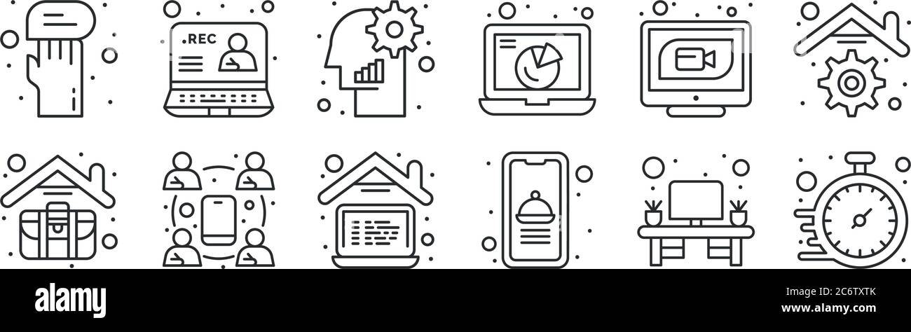 Set von 12 dünnen Umrisssymbolen wie Uhr, Food-App, Videokonferenz, Videoanruf, Denken, Aufzeichnung für Web, mobil Stock Vektor