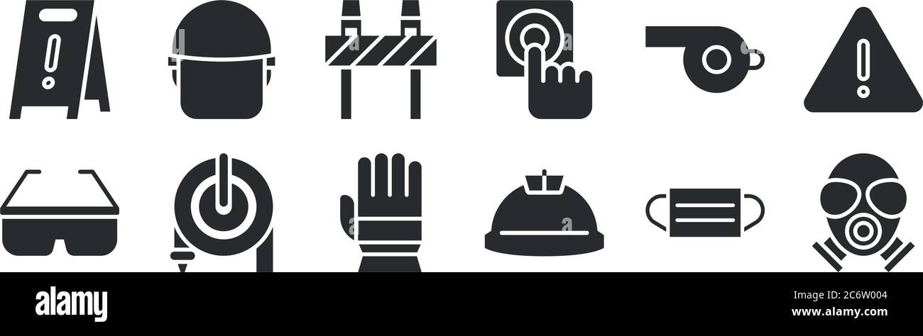 Set von 12 dünnen Umriss Symbole wie Gasmaske, Helm, Feuerwehrschlauch, Pfeife, Straßensperre, Polizei Helm für Web, Handy Stock Vektor
