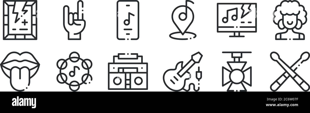 Set von 12 dünnen Umrisssymbolen wie Drumstick, Elektronik, Tamburin, tv-Show, Musik-App, Rock für Web, Mobile Stock Vektor
