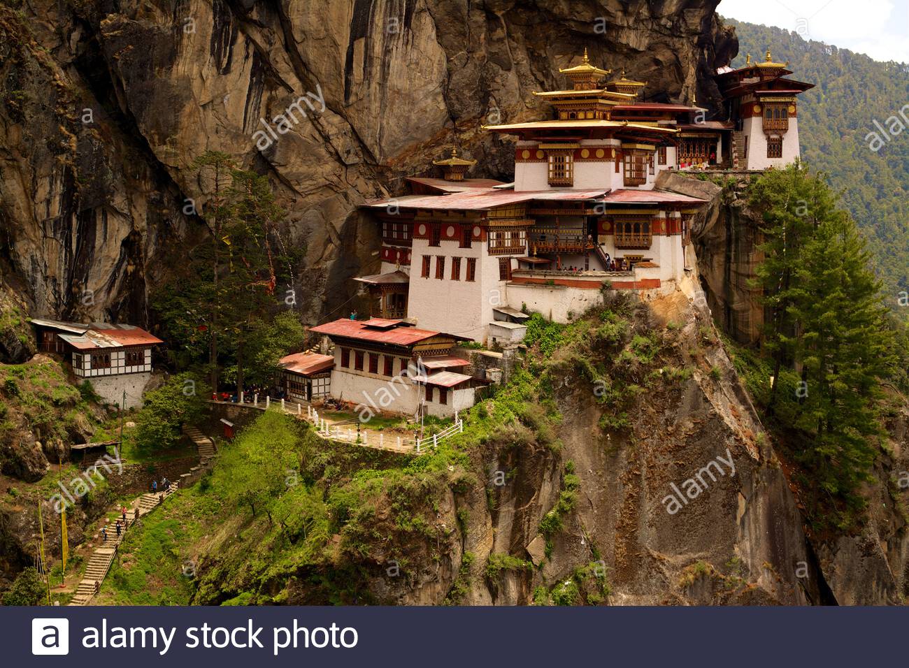 Taktsang Kloster, auch bekannt als Taktsang Lhakhang, das Tigernest und Paro Taktsang, auf einer Klippe über Paro Valley in Bhutan Stockfoto