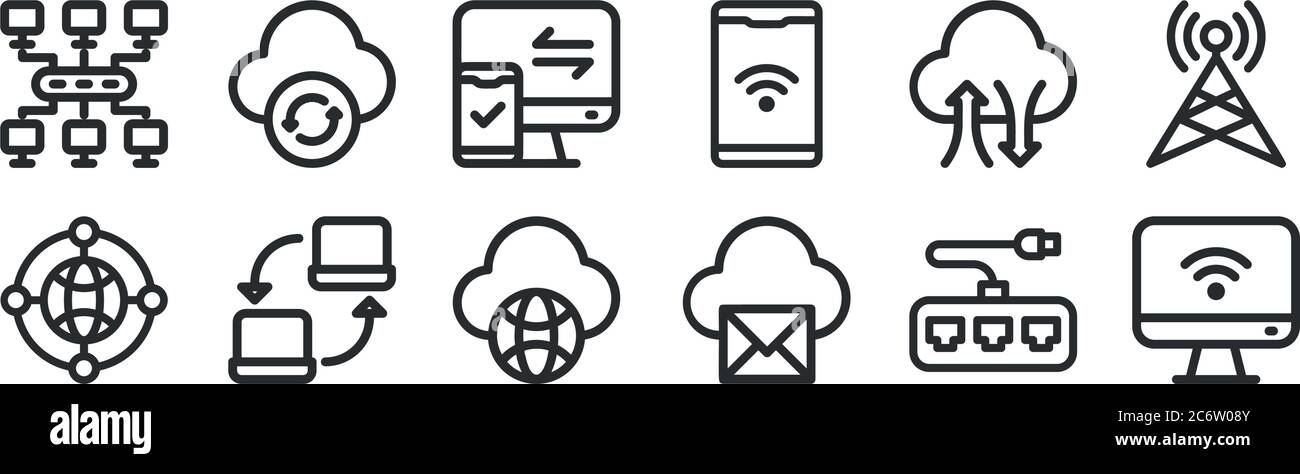 Satz von 12 dünnen Umrisssymbolen wie Computer, E-Mail, Verbindung, Datenübertragung, Pairing, Update für Web, mobil Stock Vektor