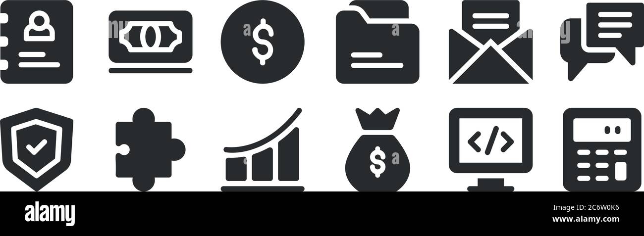 Set von 12 dünnen Umrisssymbolen wie Taschenrechner, Geldbeutel, Puzzle, E-Mail, Dollar, Banknote für Web, Handy Stock Vektor