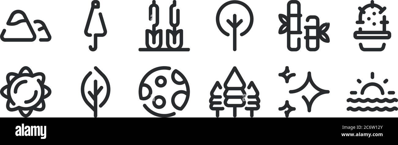 Set von 12 dünnen Umrisssymbolen wie Sonnenaufgang, Kiefer, Blatt, Bambus, Schilfbett, Regenschirm für Web, mobil Stock Vektor