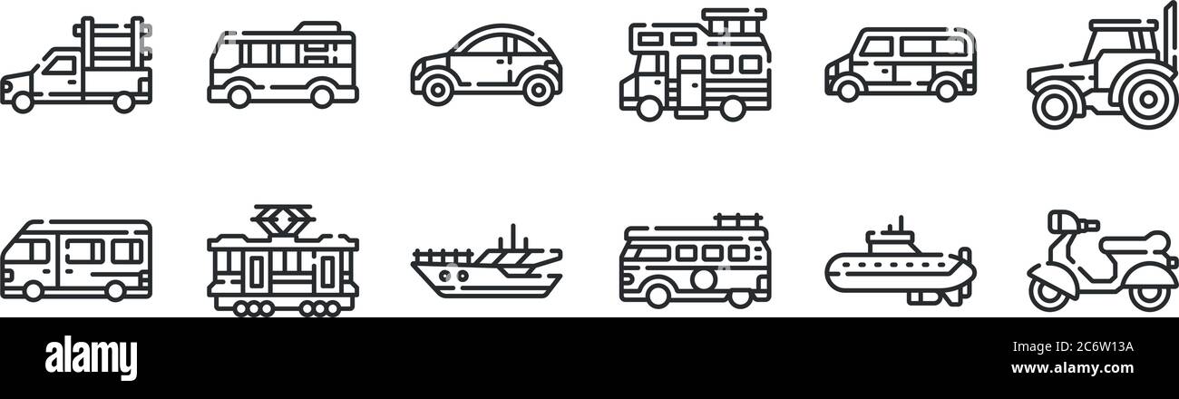 Set von 12 dünnen Umriss Symbole wie Motorrad, van, Straßenbahn, Auto, Auto, Minibus für Web, mobil Stock Vektor