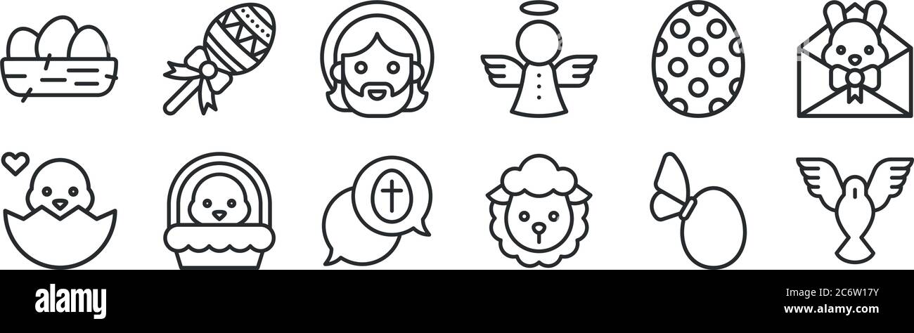 Set von 12 dünnen Umrisssymbolen wie Taube, Schaf, Küken, osterei, jesus, Lollipop für Web, Handy Stock Vektor