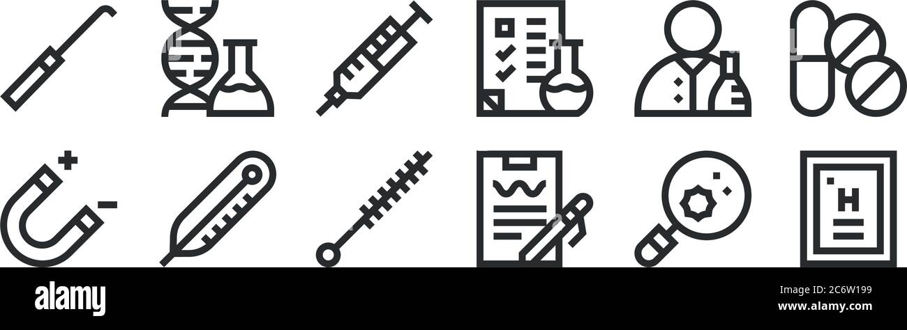 Set von 12 dünnen Umrisssymbolen wie Periodensystem, Analyse, Thermometer, Wissenschaftler, Spritze, dna für Web, mobil Stock Vektor