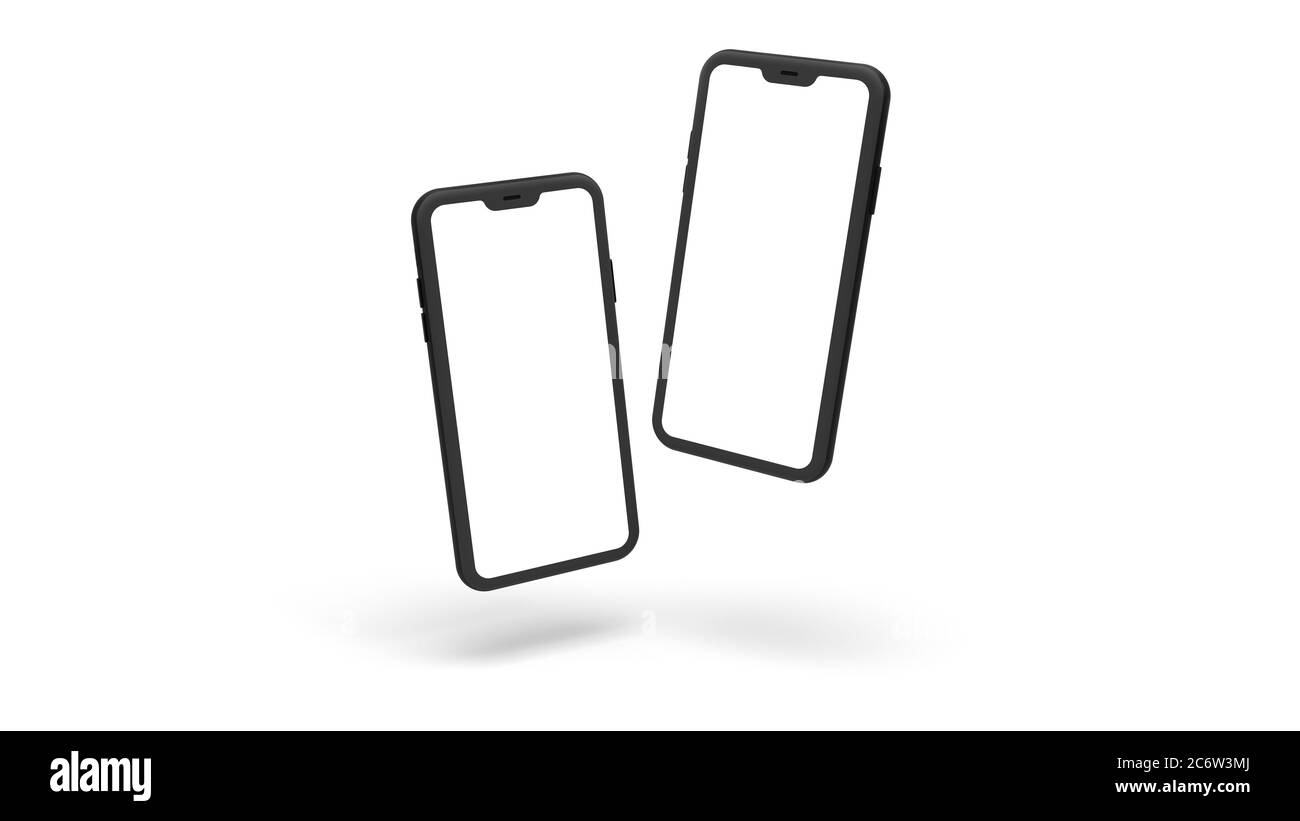 Schwarze Smartphones. Realistische Telefonvorlage. Leerer Bildschirm zum Einfügen einer beliebigen Benutzeroberfläche. Zwei Mobiltelefone auf weißem Hintergrund für Business-P schweben Stockfoto