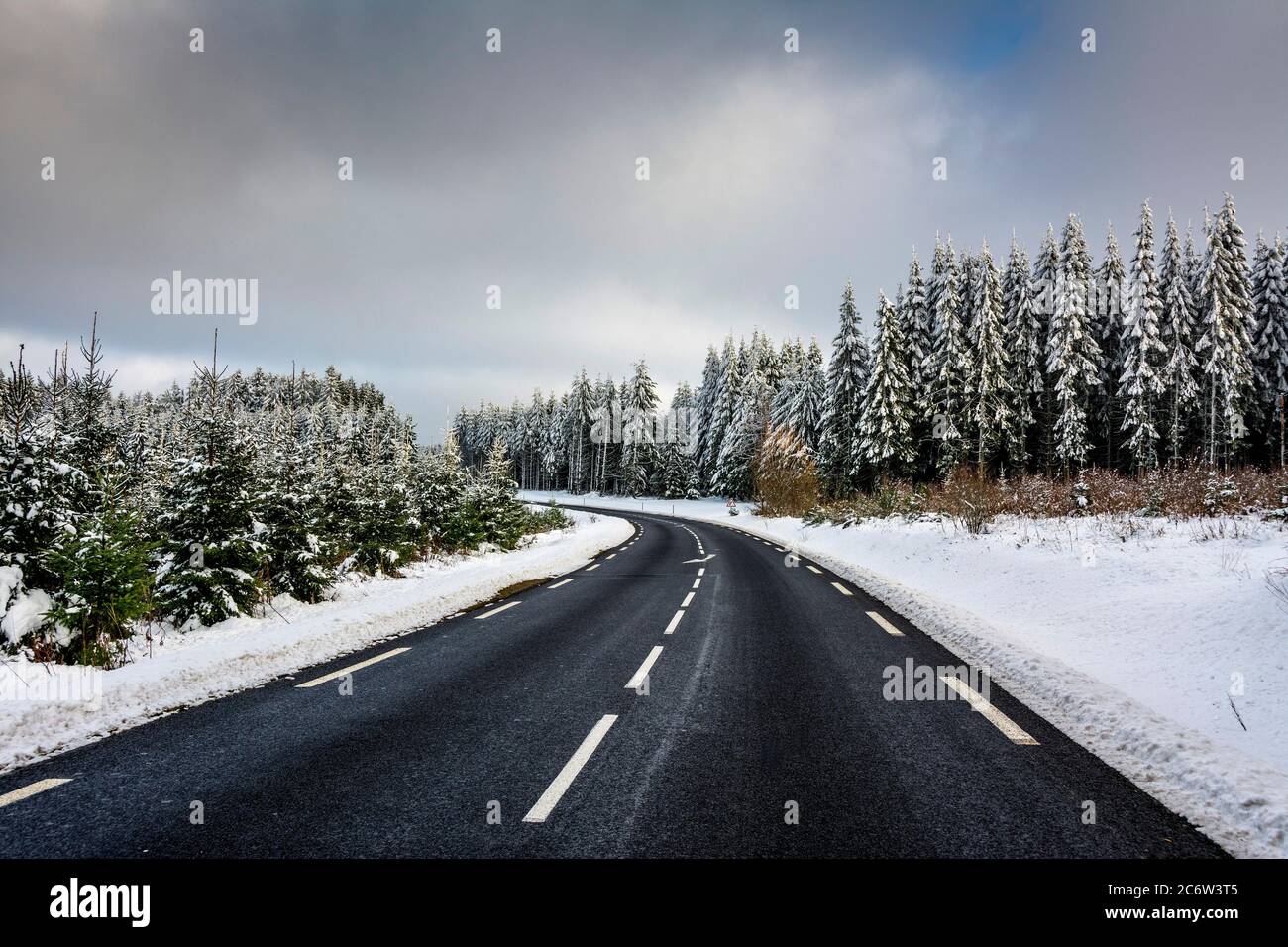 Malerische, gewundene Straße durch verschneite Kiefernwälder im Winter. Regionaler Naturpark Livradois Forez, Puy de Dome, Auvergne Rhone Alpes, Frankreich Stockfoto
