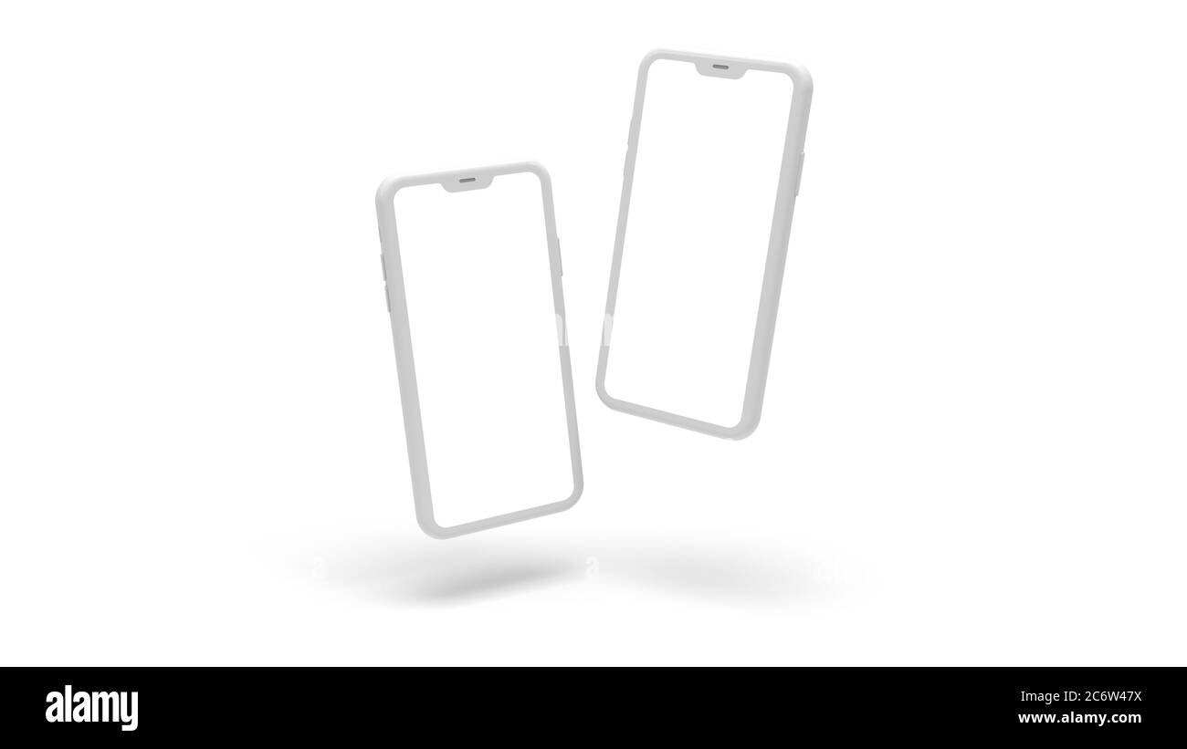 Weiße Smartphones. Realistische Telefonvorlage. Leerer Bildschirm zum Einfügen einer beliebigen Benutzeroberfläche. Zwei Mobiltelefone, die auf weißem Hintergrund schweben, für geschäftliche Angelegenheiten Stockfoto