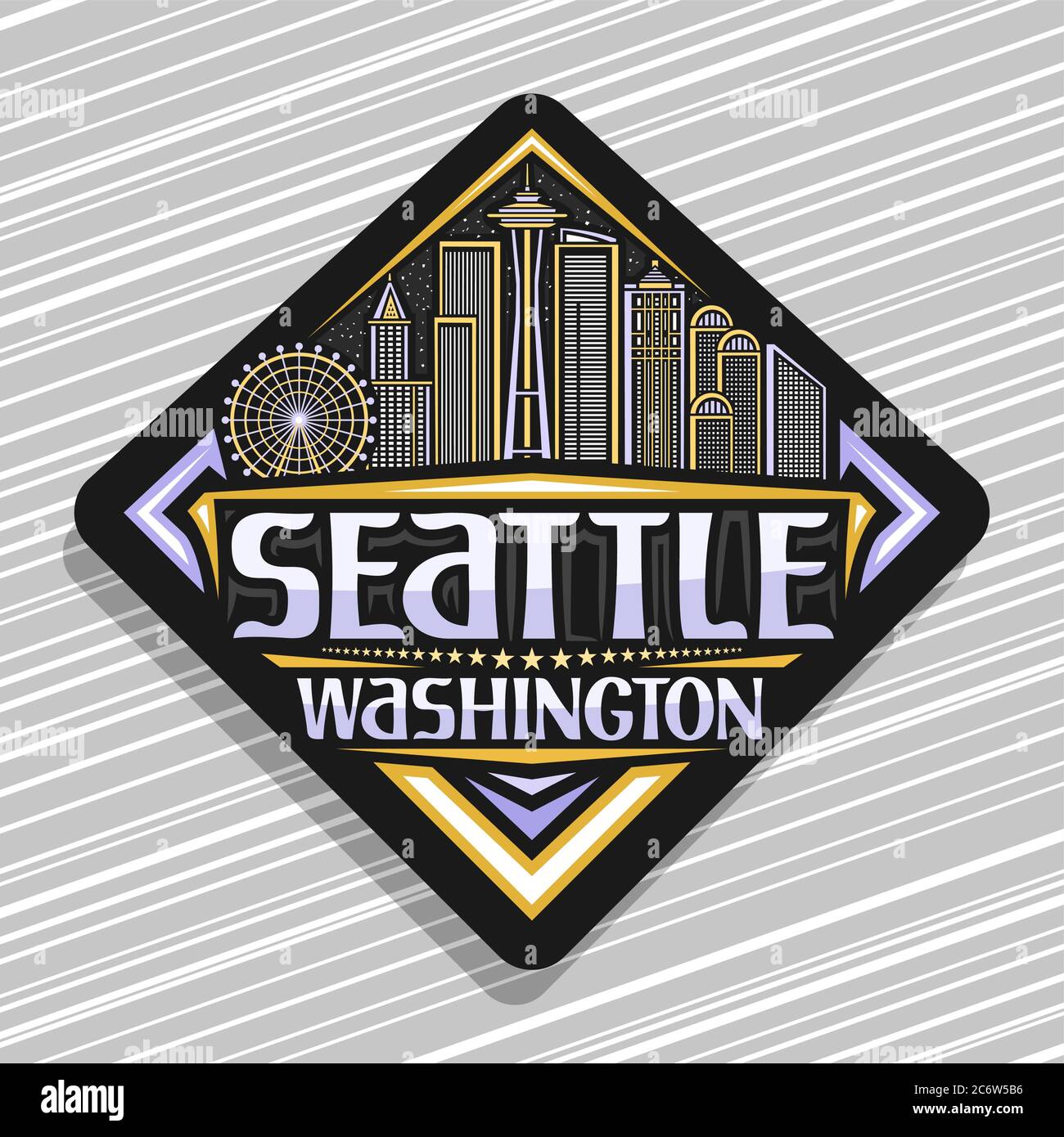 Vektor-Logo für Seattle, schwarzes Straßenschild mit Illustration der modernen seattle Stadtlandschaft auf Dämmerung Himmel Hintergrund, Kunst Design Tourist Kühlschrank Magnet w Stock Vektor