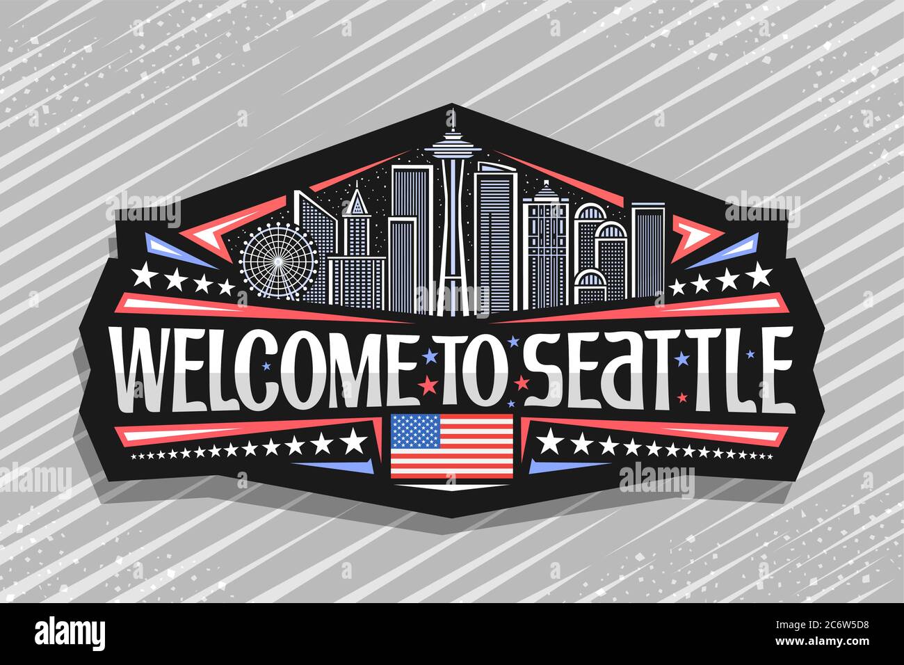 Vektor-Logo für Seattle, schwarzes dekoratives Abzeichen mit Illustration der berühmten seattle Stadtlandschaft auf Abendhimmel Hintergrund, Kunst Design Tourist Kühlschrank magne Stock Vektor
