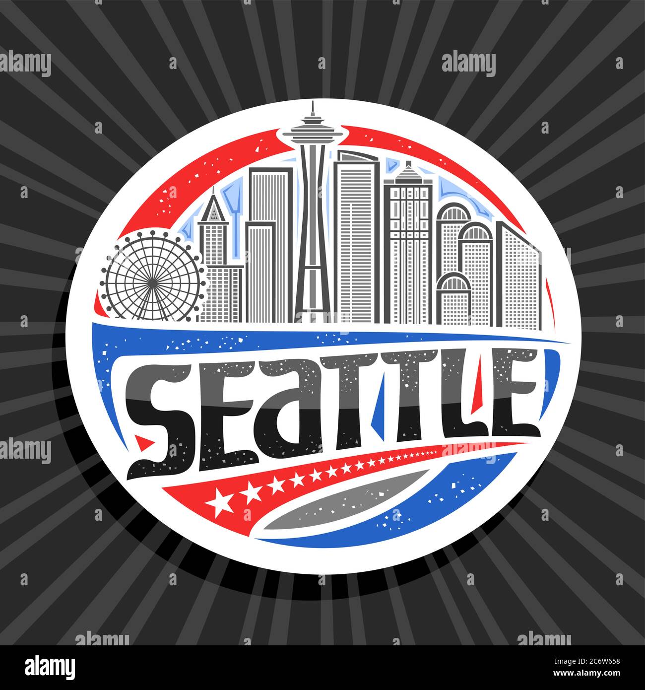 Vektor-Logo für Seattle, weiß dekorativen Tag mit Umriss Illustration der modernen seattle Stadtlandschaft auf Tag Himmel Hintergrund, Kunst Design Tourist Kühlschrank Stock Vektor