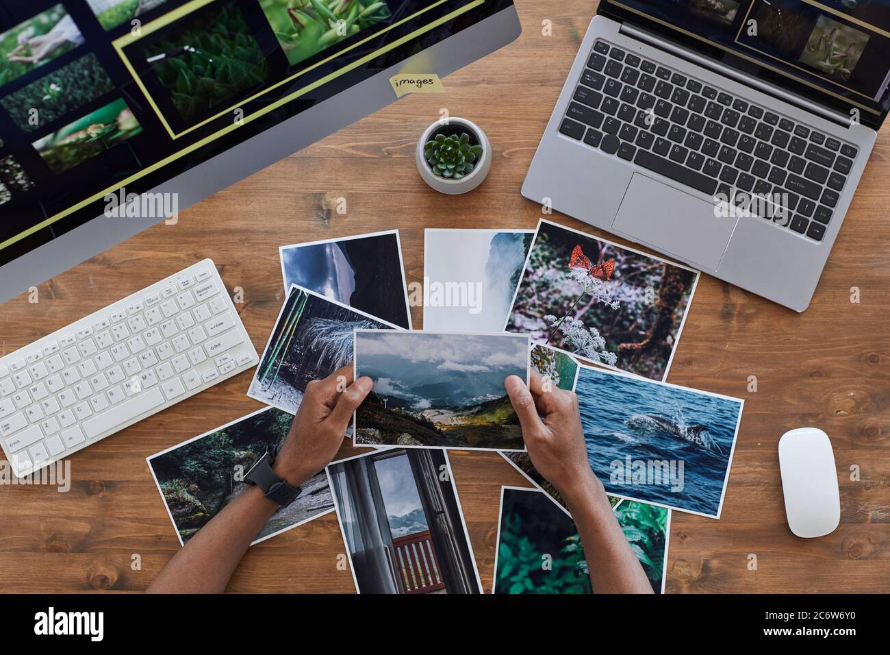 Minimale Hintergrundkomposition von männlichen Händen halten gedruckten Fotografien über texturierten Holzschreibtisch, Fotografen Büro Konzept, Kopierer Raum Stockfoto