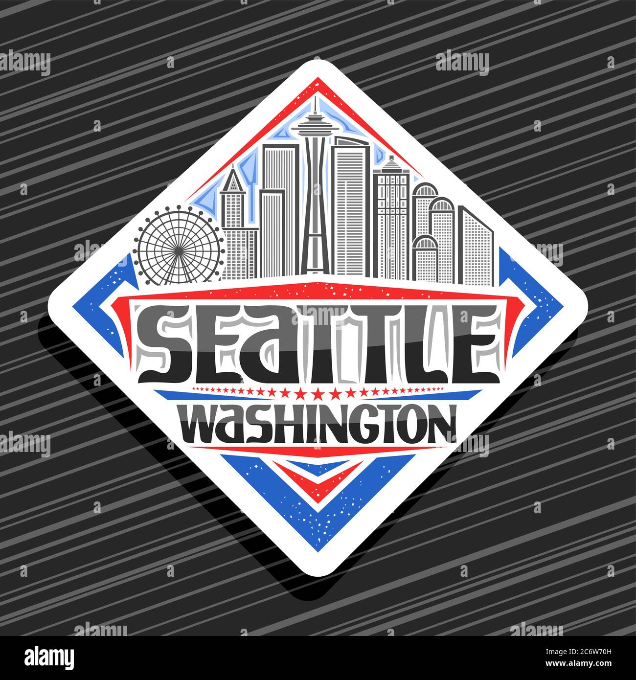 Vektor-Logo für Seattle, weißes Straßenschild mit Illustration der berühmten seattle Stadtlandschaft auf Tag Himmel Hintergrund, Kunst-Design Tourist Kühlschrank Magnet mit U Stock Vektor