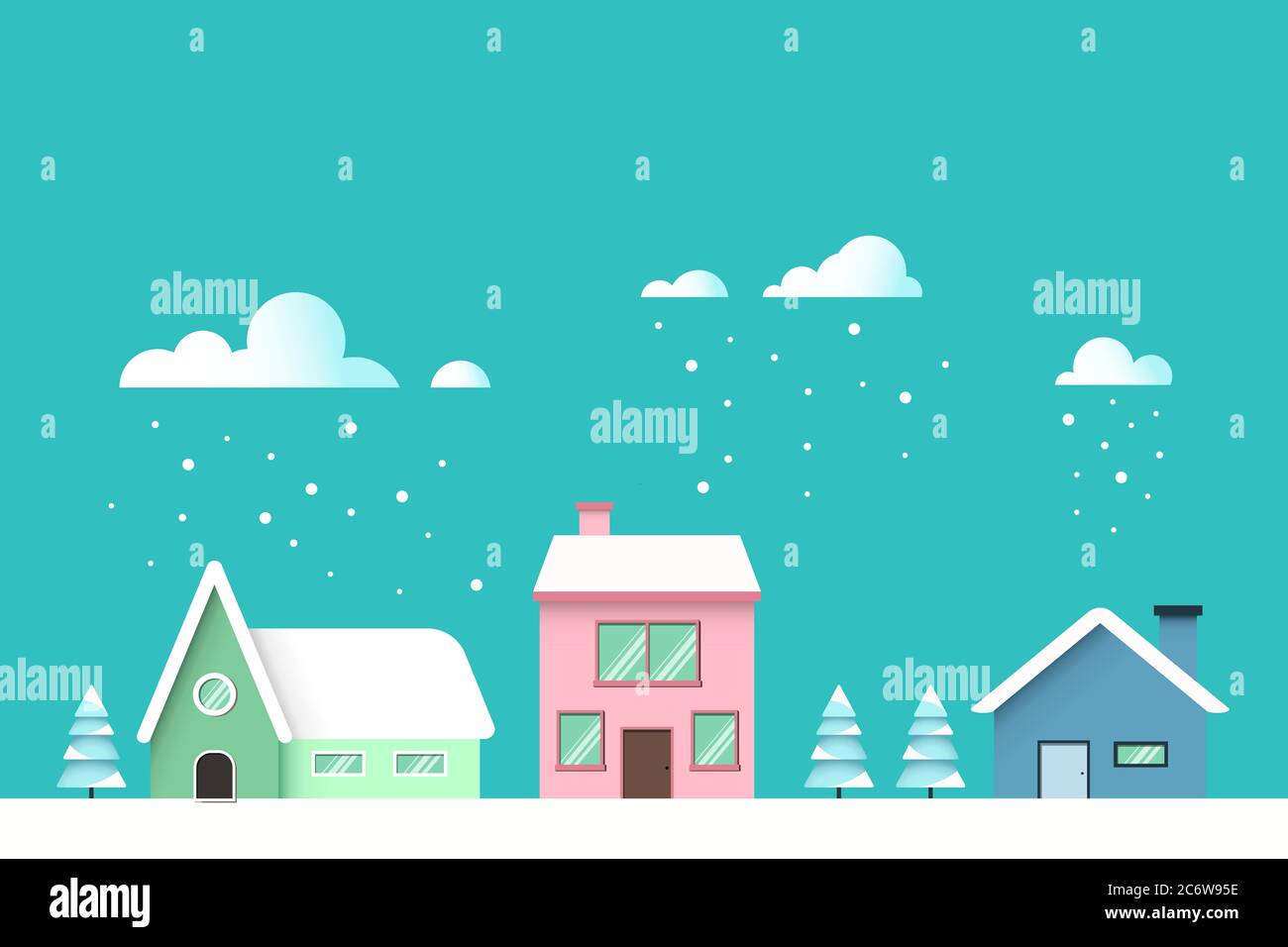 vektor-Illustration einer weihnachtlichen Winterlandschaft mit einem Haus im Dorf. Verschneite Straße, Grußkarte Vorlage Design. Stock Vektor