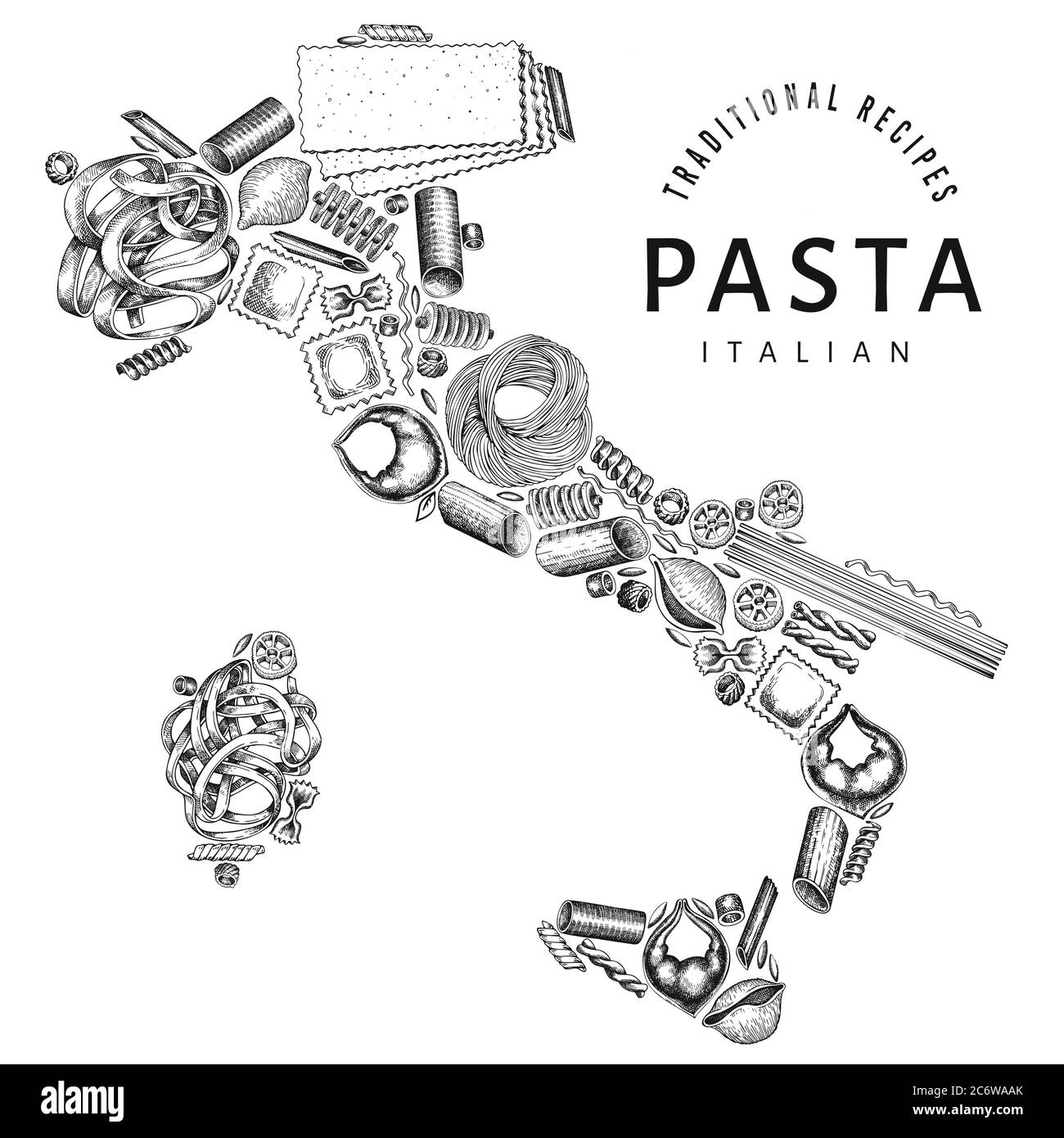 Nudeln in der Form von Italien. Hand Vektor essen Abbildung gezeichnet. Gravur Design vorlage. Retro pasta unterschiedlichen Hintergrund. Stock Vektor